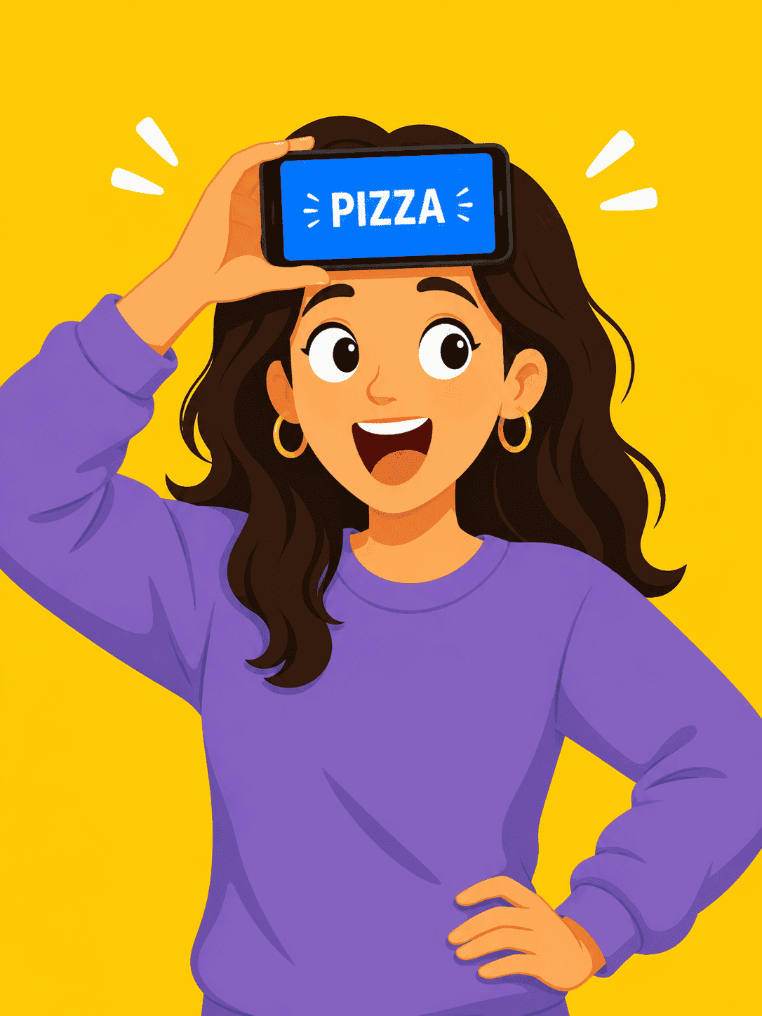 Ekranında PIZZA yazan telefonu alnına tutan bir oyuncu